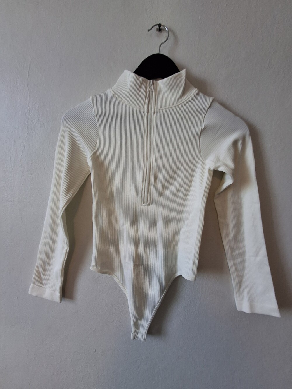 KRibbed Long-Sleeve Zip-Front One-Piece in Cream